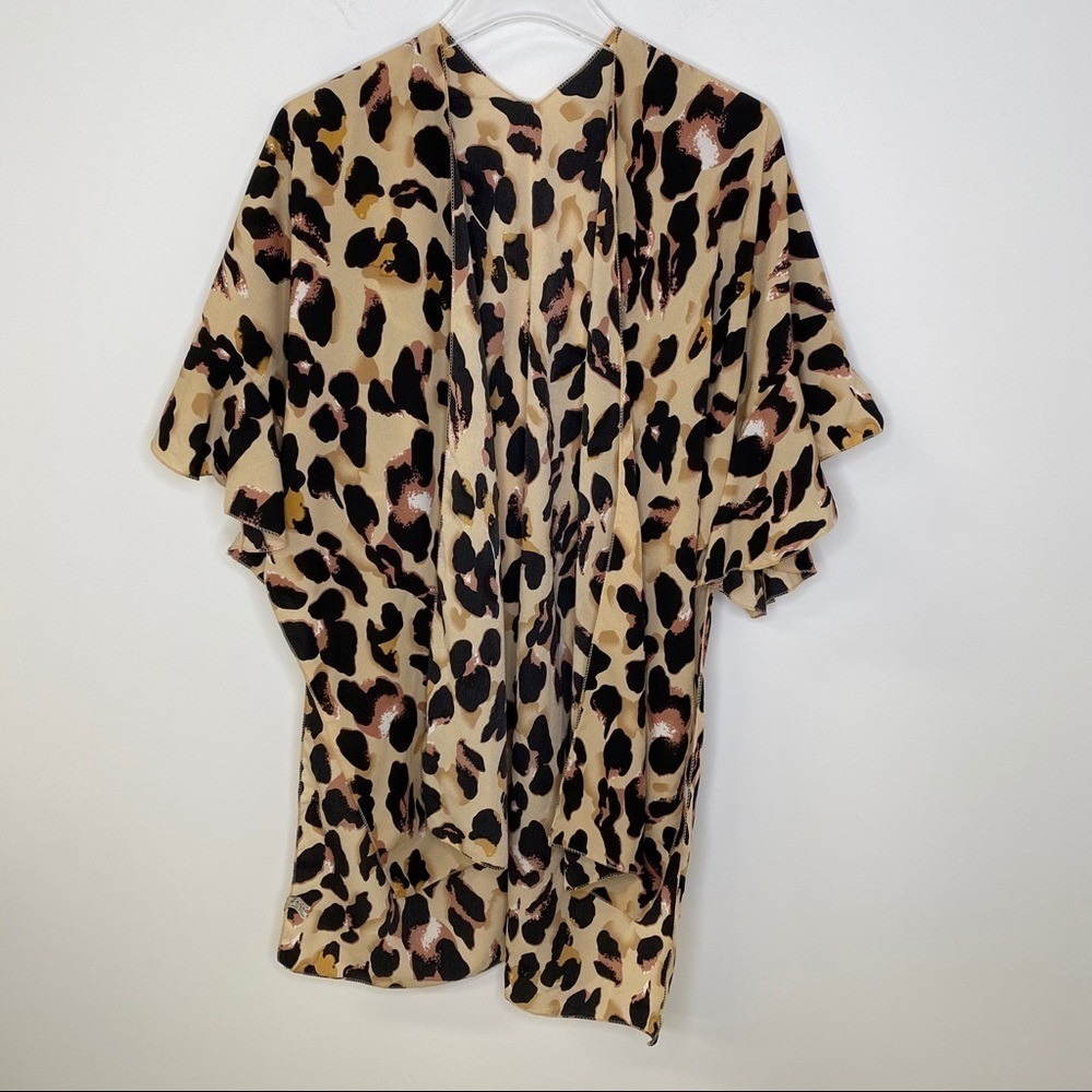 Leopard Print Kimono Wrap Open‎ Front Ruffle Sleeve Animal Print Cover Up Tan